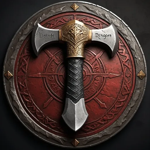 Prompt: Design a logo for a "Dwarven Dragonslayer Troop." The logo should be a circular emblem with a rugged, ancient feel. At the center, depict a large, crossed dwarven axe and hammer, symbolizing the troop's strength and skill in battle. The weapons are intricately detailed, with the axe featuring a double-bladed head and the hammer having a thick, heavy head. The handles of both weapons are engraved with dwarven runes, showcasing the troop's heritage.

Surrounding the central image, a thick, metal ring borders the logo, with smaller dragon scales etched into the surface. The overall color scheme should be dark and metallic, with accents of red and gold to convey a sense of valor and danger.