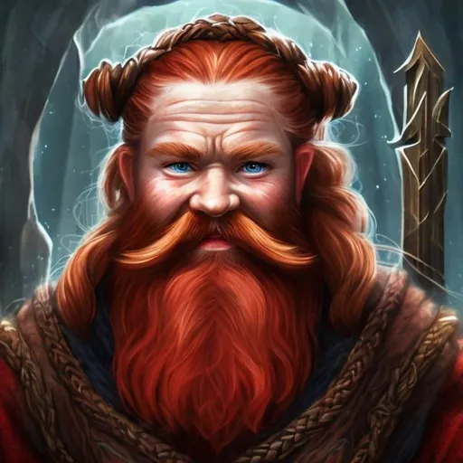 Prompt: Dwarf Sorcerer, red hair, long red braided and fancy beards, runic alphabet, blue eyes, realistic, full hd