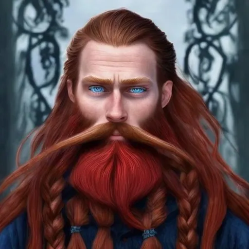 Prompt: long red braided and fancy beards, blue eyes, realistic, full hd