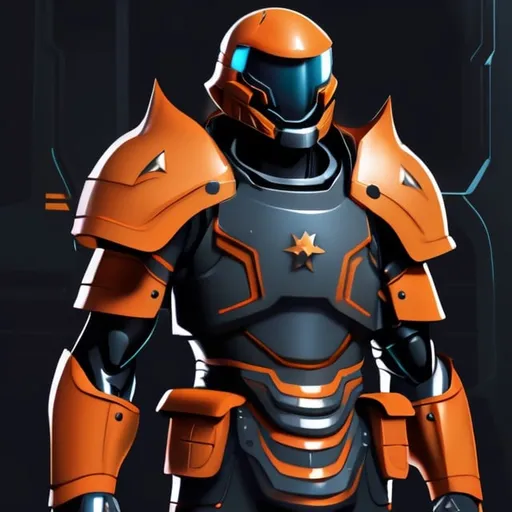 Prompt: Design a paranoia soldier in armor, , whose rank is orange, his armor is generally orange, realistic, 4k, ultra HD