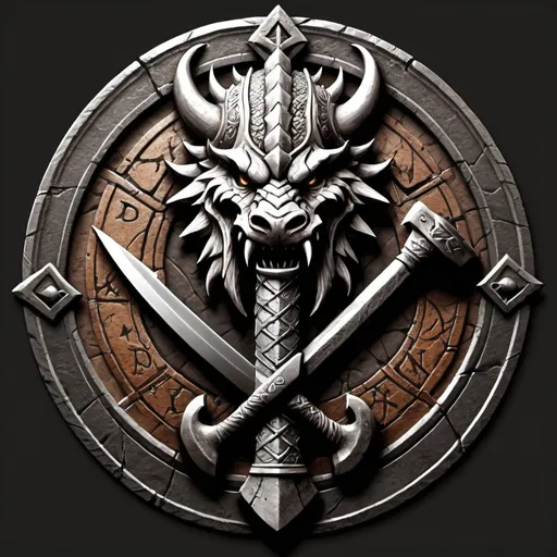 Prompt: Design a logo for a "Dwarven Dragonslayer Troop." The logo should be a circular emblem with a rugged, ancient feel. A large, crossed dwarven axe and hammer are placed behind the dragon's head, symbolizing the troop's strength and skill in battle. The handles of the weapons are engraved with dwarven runes.