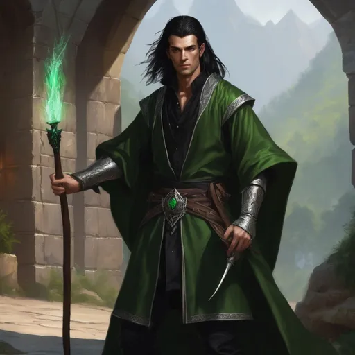 Prompt: dnd 5e, warlock, human variant, handsome, long black haired, young, green robe, Silvery illustration, Longbow, realistic, 4k, ultra HD