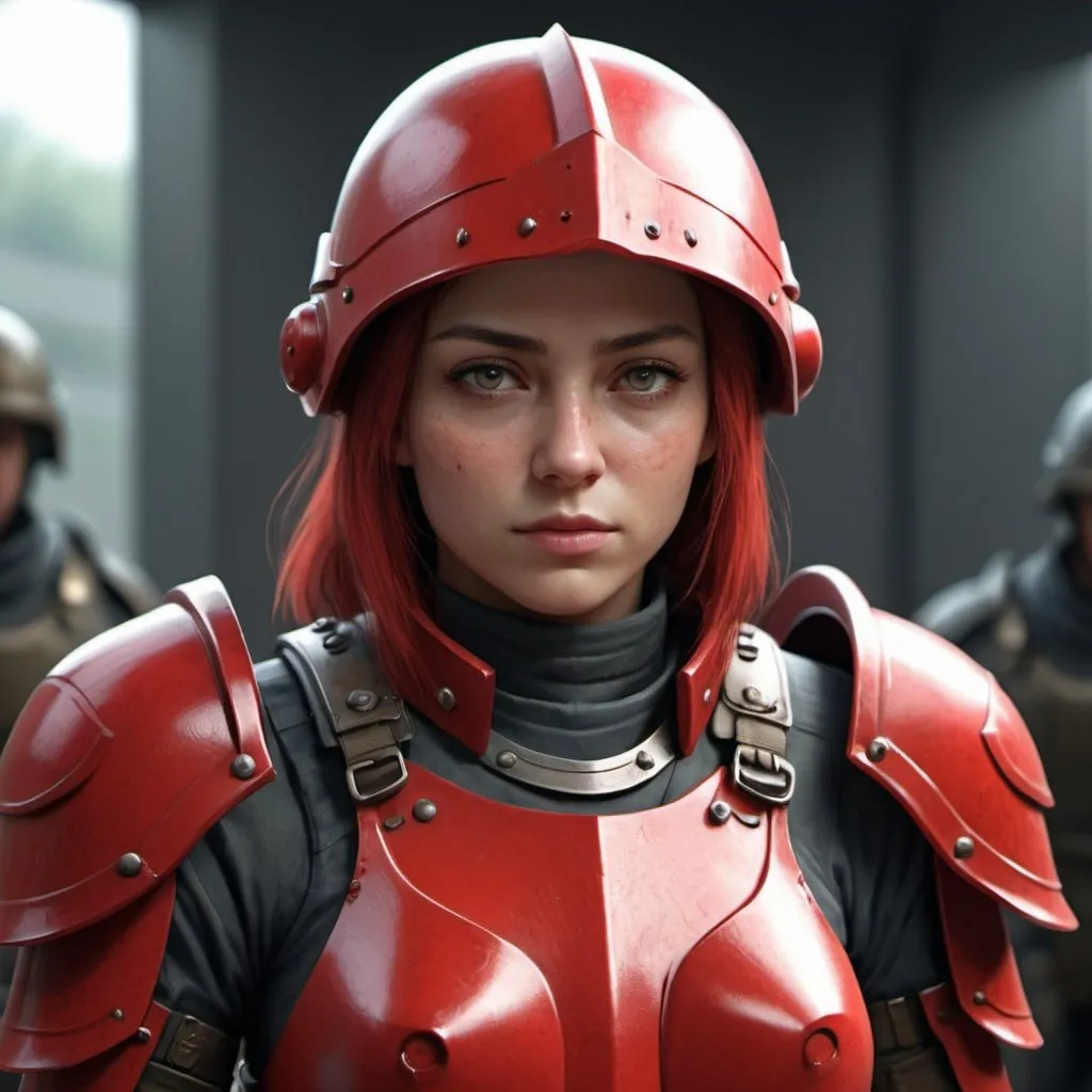 Prompt: Design a paranoia soldier in armor, no helmet, whose rank is red, female, her armor is generally red, realistic, 4k, ultra HD