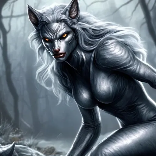 Prompt: silvery illustrated werewolf female, full body, beautiful, full hd, 4k, realistic, 