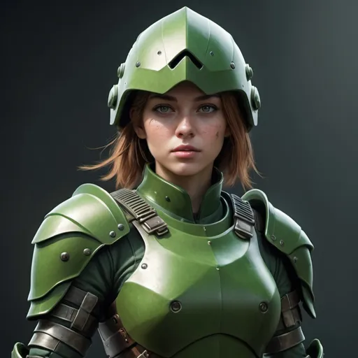 Prompt: Design a paranoia soldier in armor, no helmet, whose rank is green, female, her armor is generally green, realistic, 4k, ultra HD