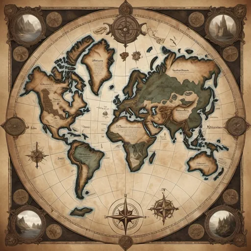 Prompt: (world map for DnD), fantasy theme, medieval aesthetics, intricate details, ancient parchment texture, elaborate borders, muted earthy tones, sepia and dusty browns, atmospheric and mystical mood, sharp outlines, mystical symbols and runes, antique navigational lines, illustrated legends and fantastical creatures, castles and mythical lands, mystical forests, dragon lairs, high-resolution, ultra-detailed, vibrant lore-rich representation, visually immersive, detailed compass rose, labeled continents and oceans.