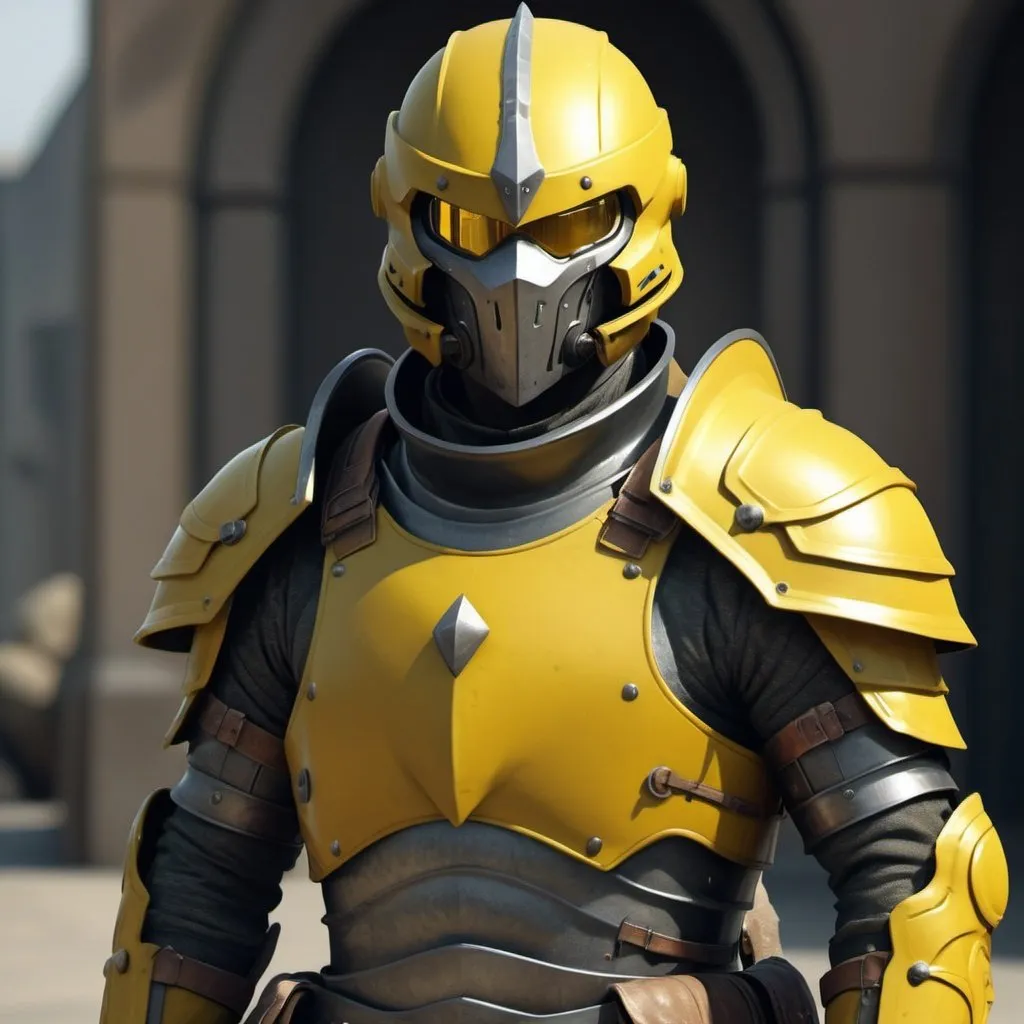 Prompt: Design a paranoia soldier in armor, no helmet, whose rank is yellow, his armor is generally yellow, realistic, 4k, ultra HD