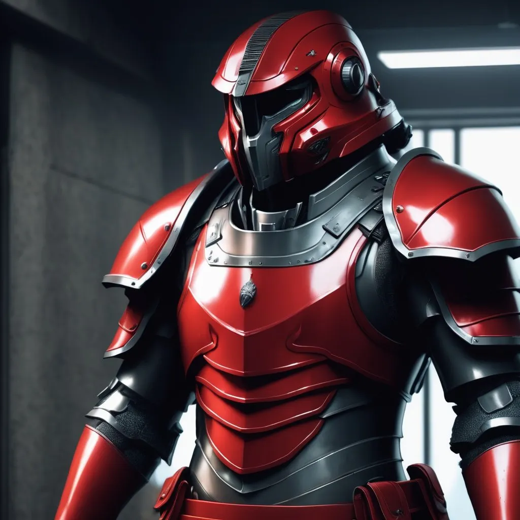 Prompt: Design a paranoia soldier in armor, , whose rank is red, his armor is generally red, realistic, 4k, ultra HD