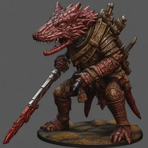 Prompt: Beautiful Kobold Rifle bearer for DND 5E, mostly red but in parts chromatic scales, realistic, 4k, ultra hd