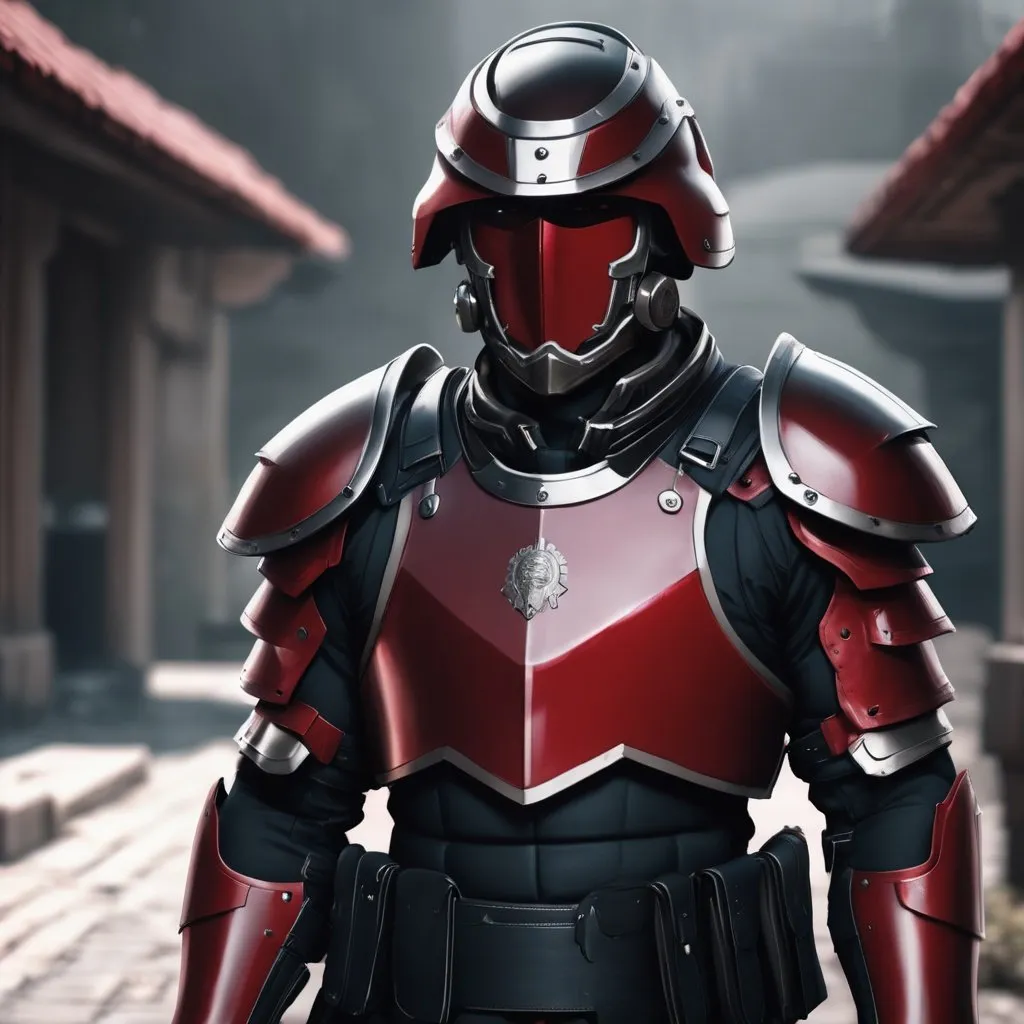 Prompt: Design a paranoia soldier in armor, , whose rank is red, his armor is generally red, realistic, 4k, ultra HD