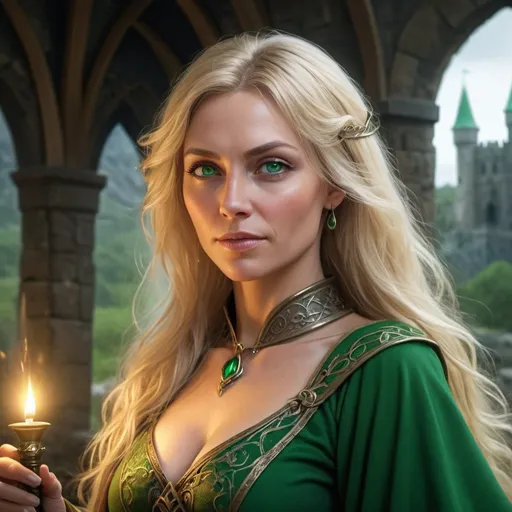Prompt: beautiful human Lady wizard 47 years old blonde hair, green eyes, 4k, ultra HD, detailed, DnD 5e, castle setting, detailed eyes, epic fantasy, high-quality rendering, atmospheric lighting