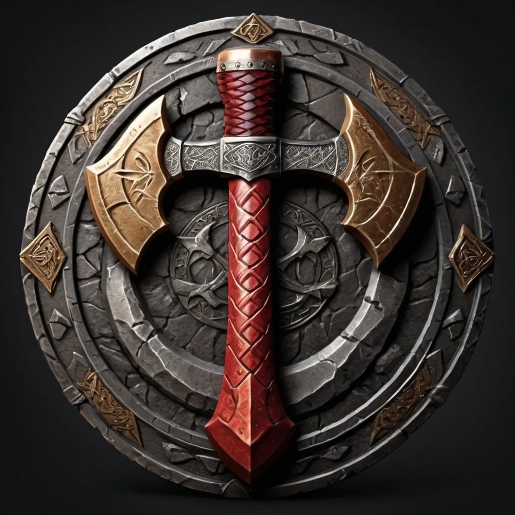 Prompt: Design a logo for a "Dwarven Dragonslayer Troop." The logo should be a circular emblem with a rugged, ancient feel. At the center, depict a large, crossed dwarven axe and hammer, symbolizing the troop's strength and skill in battle. The weapons are intricately detailed, with the axe featuring a double-bladed head and the hammer having a thick, heavy head. The handles of both weapons are engraved with dwarven runes, showcasing the troop's heritage.

Surrounding the central image, a thick, metal ring borders the logo, with smaller dragon scales etched into the surface. The overall color scheme should be dark and metallic, with accents of red and gold to convey a sense of valor and danger.