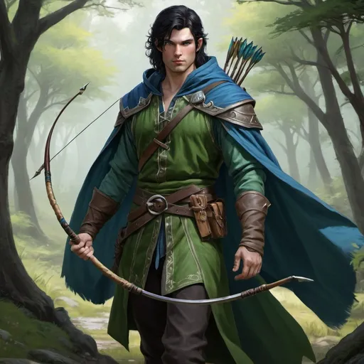 Prompt: dnd 5e, ranger, human, handsome, long black haired, blue eye, young, green robe, full body, Longbow, realistic, 4k, ultra HD