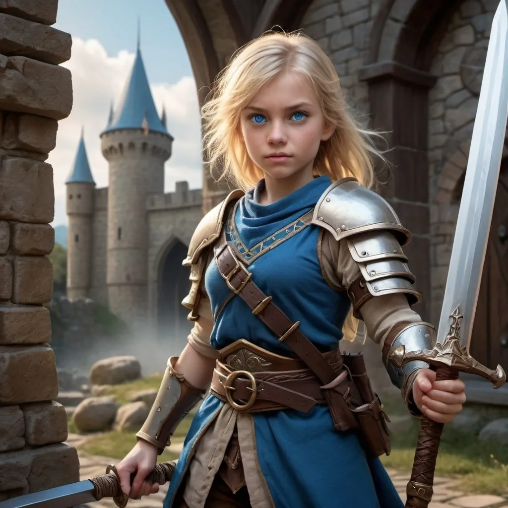 Prompt: cute human Lady fighter 8 years old blonde hair, blue eyes, carrying wooden shortsword, 4k, ultra HD, detailed, DnD 5e, castle setting, detailed eyes, epic fantasy, high-quality rendering, atmospheric lighting