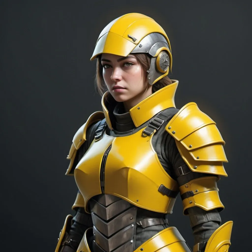 Prompt: Design a paranoia soldier in armor, no helmet, whose rank is yellow, female, her armor is generally yellow, realistic, 4k, ultra HD