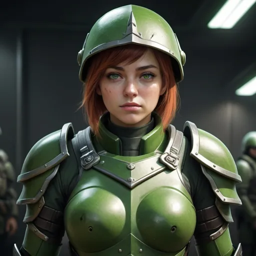 Prompt: Design a paranoia soldier in armor, no helmet, whose rank is green, female, her armor is generally green, realistic, 4k, ultra HD