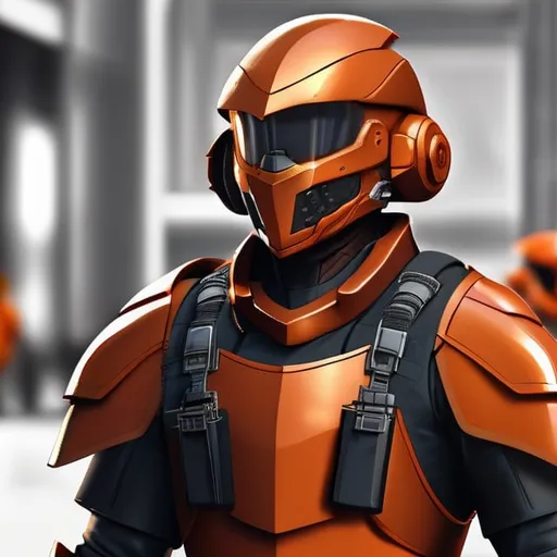 Prompt: Design a paranoia soldier in armor, , whose rank is orange, his armor is generally orange, realistic, 4k, ultra HD