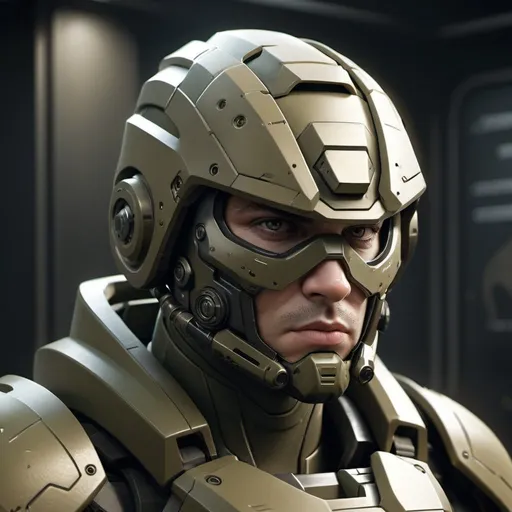 Prompt: Paranoia juggernaut battleframe, realistic, 4k, ultra HD, detailed khaki armor, intense gaze, futuristic military setting, professional rendering, atmospheric lighting, detailed facial features, intense expression, military rank insignia, detailed weaponry, high quality, armor with reflective surfaces, realistic shadows, professional, khaki color tones, detailed textures, futuristic technology