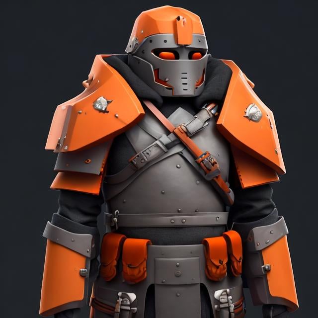 Prompt: Design a paranoia soldier in armor, , whose rank is orange, his armor is generally orange, realistic, 4k, ultra HD