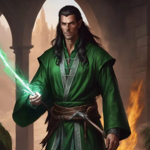 Prompt: dnd 5e, warlock, human variant, handsome, long haired, middle aged, green robe, Silvery illustration, Longbow, realistic, 4k, ultra HD