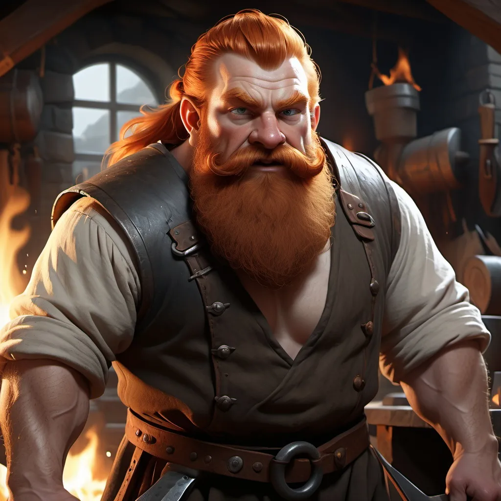 Prompt: dnd5e, dwarf, blacksmith, beating red hot iron, ginger hair, ginger facial hair,  fullbody, realistic, 4k, ultra HD, detailed, DnD 5e, blacksmith setting, detailed eyes, epic fantasy, high-quality rendering, atmospheric lighting, intense gaze, professional rendering, atmospheric lighting, detailed facial features, intense expression, detailed workshop, realistic shadows, professional, detailed textures,