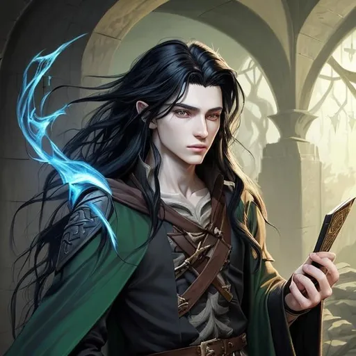 Prompt: DnD style, long black haired, young human male wizard, ultra realistic, green eyes,