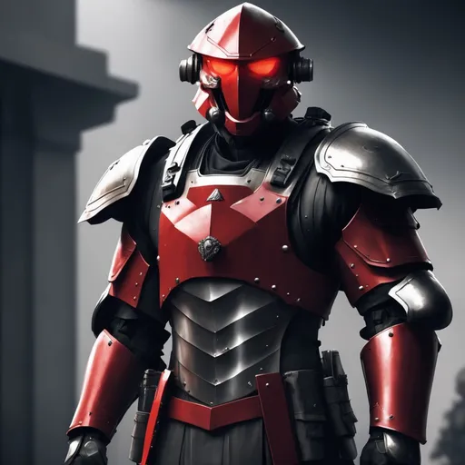 Prompt: Design a paranoia soldier in armor, , whose rank is red, his armor is generally red, realistic, 4k, ultra HD