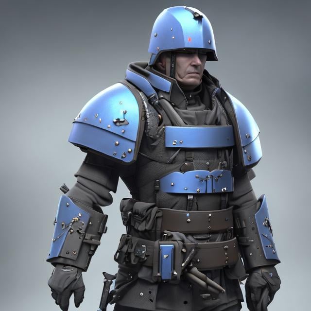 Prompt: Design a paranoia soldier in armor, whose rank is Blue, his armor is generally blue, realistic, 4k, ultra HD