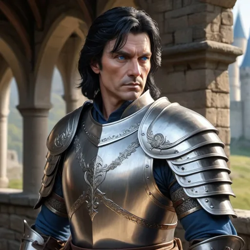 Prompt: handsome human Lord 54 years old in light plate armor with black hair, blue eyes, a longsword, realistic, 4k, ultra HD, detailed, DnD 5e, young, castle setting, detailed eyes, epic fantasy, high-quality rendering, atmospheric lighting