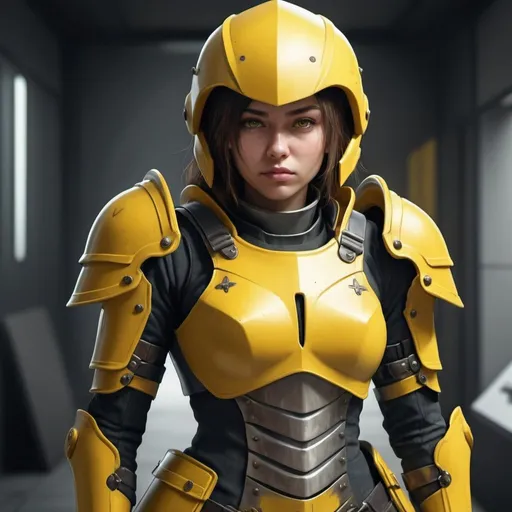 Prompt: Design a paranoia soldier in armor, no helmet, whose rank is yellow, female, her armor is generally yellow, realistic, 4k, ultra HD