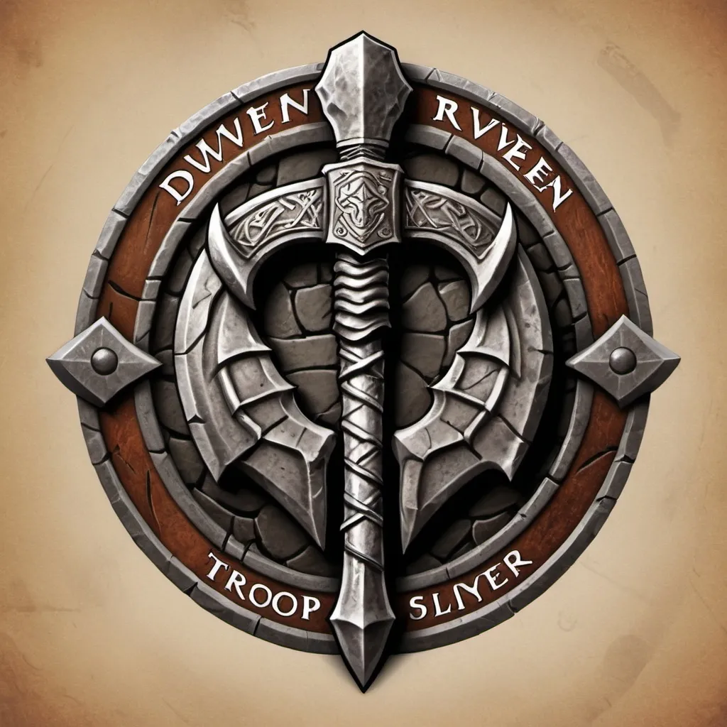 Prompt: Design a logo for a "Dwarven Dragonslayer Troop." The logo should be a circular emblem with a rugged, ancient feel. A large, crossed dwarven axe and hammer are placed behind the dragon's head, symbolizing the troop's strength and skill in battle. The handles of the weapons are engraved with dwarven runes.