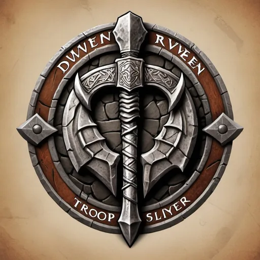 Prompt: Design a logo for a "Dwarven Dragonslayer Troop." The logo should be a circular emblem with a rugged, ancient feel. A large, crossed dwarven axe and hammer are placed behind the dragon's head, symbolizing the troop's strength and skill in battle. The handles of the weapons are engraved with dwarven runes.