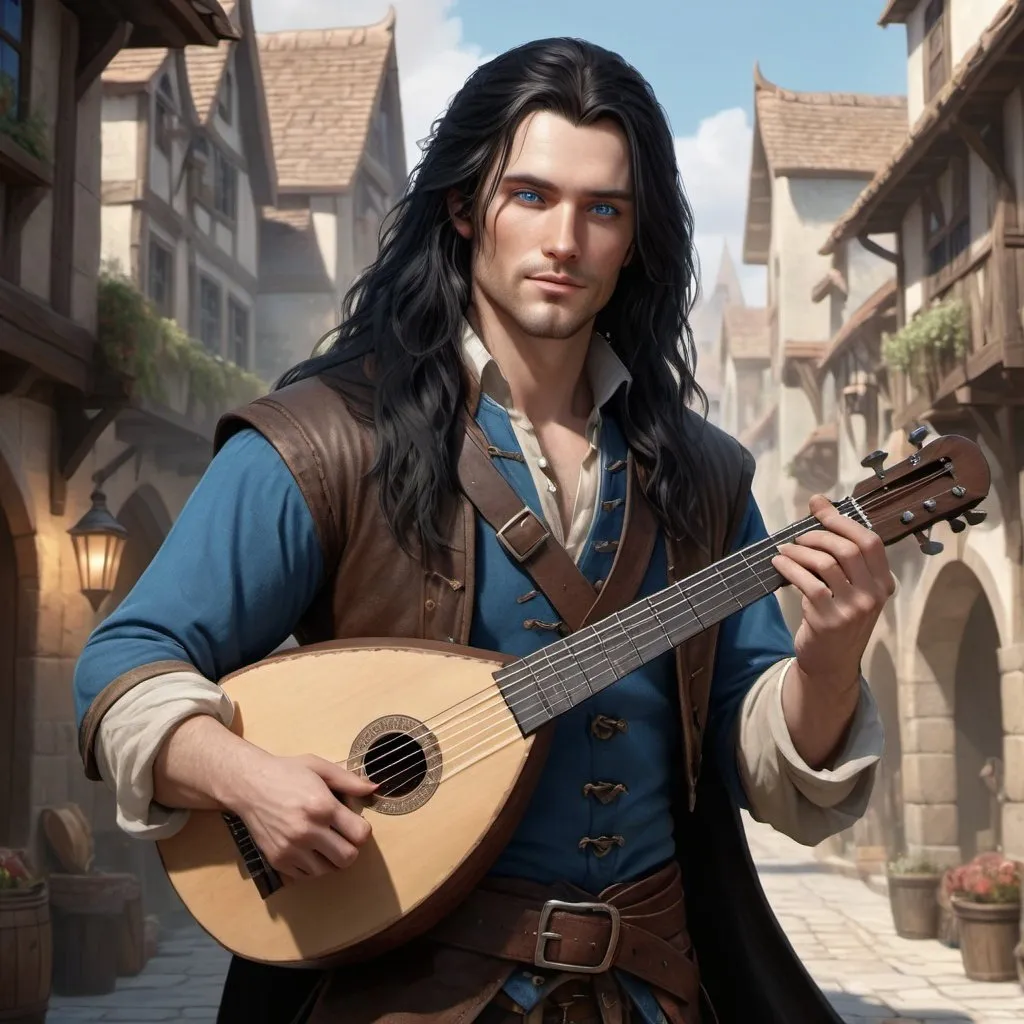 Prompt: handsome human bard with long black hair, fine clothes, and blue eyes, carrying a lute, realistic, 4k, ultra HD, detailed, DnD 5e, young, city setting, detailed eyes, epic fantasy, high-quality rendering, atmospheric lighting