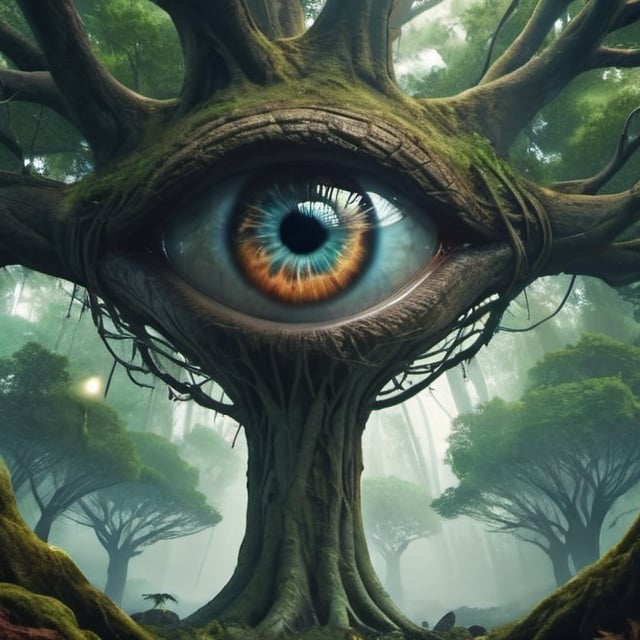 Prompt: Eye Tree Forest, science fiction, realistic, full HD, 4k