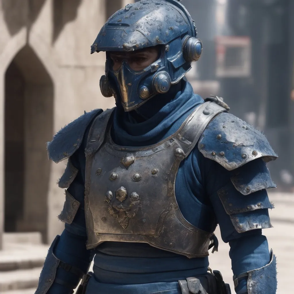 Prompt: Design a paranoia soldier in worn armor, no helmet, whose rank is indigo, his armor is generally indigo, malformed, mutated human, realistic, 4k, ultra HD