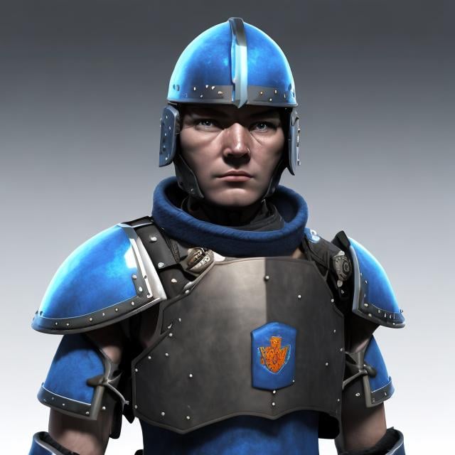 Prompt: Design a paranoia soldier in armor, whose rank is Blue, his armor is generally blue, realistic, 4k, ultra HD