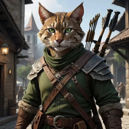 Prompt: dnd5e, Tabaxi, Ranger, fine clothes, and dark green eyes, armed with 2 hand crossbow, realistic weapons, detailed weapons, fullbody, realistic, 4k, ultra HD, detailed, DnD 5e, city setting, detailed eyes, epic fantasy, high-quality rendering, atmospheric lighting, intense gaze, professional rendering, atmospheric lighting, detailed facial features, intense expression, detailed weaponry, realistic shadows, professional, detailed textures,