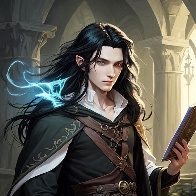 Prompt: DnD style, long black haired, young human male wizard, ultra realistic, green eyes,