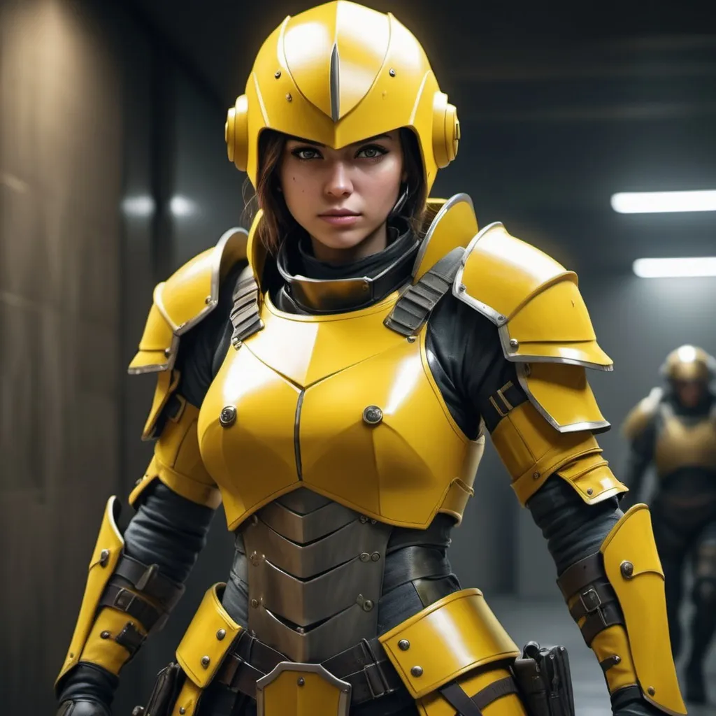 Prompt: Design a paranoia soldier in armor, no helmet, whose rank is yellow, female, her armor is generally yellow, realistic, 4k, ultra HD