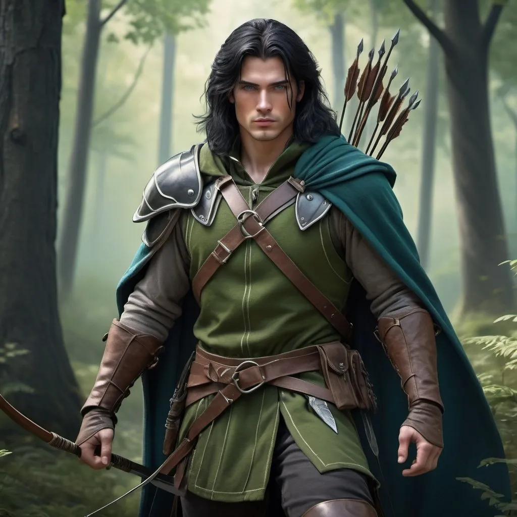 Prompt: handsome human ranger in green robe with long black hair, dressed in leather armor, blue eyes, carrying lordly longbow and two shortswords, realistic, 4k, ultra HD, detailed, DnD 5e, young, forest setting, detailed eyes, epic fantasy, high-quality rendering, atmospheric lighting