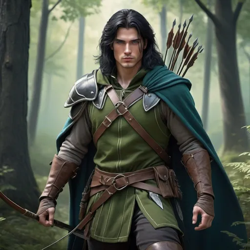 Prompt: handsome human ranger in green robe with long black hair, dressed in leather armor, blue eyes, carrying lordly longbow and two shortswords, realistic, 4k, ultra HD, detailed, DnD 5e, young, forest setting, detailed eyes, epic fantasy, high-quality rendering, atmospheric lighting