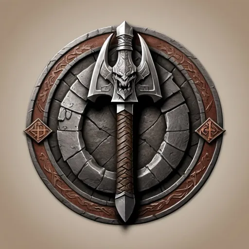 Prompt: Design a logo for a "Dwarven Dragonslayer Troop." The logo should be a circular emblem with a rugged, ancient feel. A large, crossed dwarven axe and hammer are placed behind the dragon's head, symbolizing the troop's strength and skill in battle. The handles of the weapons are engraved with dwarven runes.