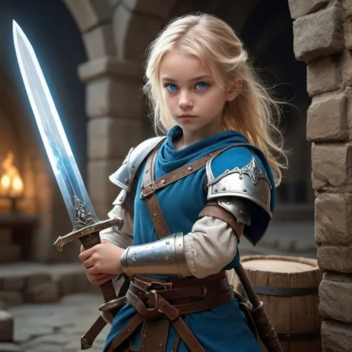 Prompt: cute human Lady fighter 8 years old blonde hair, blue eyes, carrying wooden shortsword, 4k, ultra HD, detailed, DnD 5e, castle setting, detailed eyes, epic fantasy, high-quality rendering, atmospheric lighting