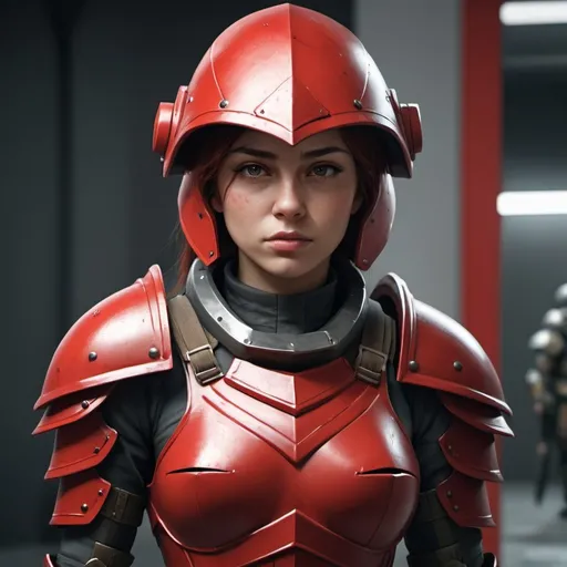 Prompt: Design a paranoia soldier in armor, no helmet, whose rank is red, female, her armor is generally red, realistic, 4k, ultra HD