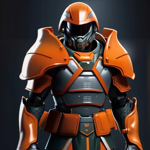 Prompt: Design a paranoia soldier in armor, , whose rank is orange, his armor is generally orange, realistic, 4k, ultra HD