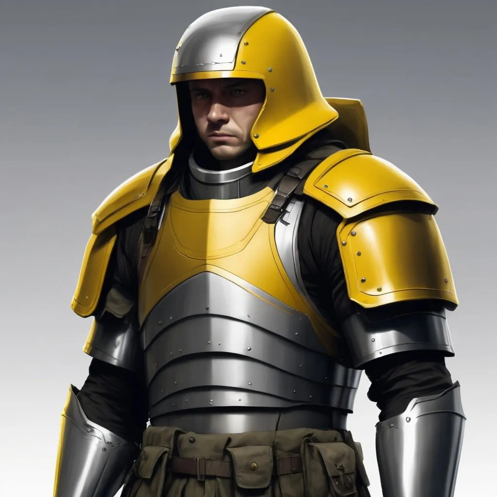 Prompt: Design a paranoia soldier in armor no helmet, whose rank is yellow, his armor is generally yellow, realistic, 4k, ultra HD