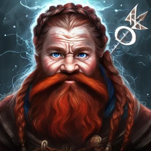 Prompt: Dwarf Sorcerer, red hair, long red braided and fancy beards, runic alphabet, blue eyes, realistic, full hd