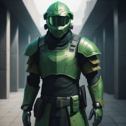 Prompt: Design a paranoia soldier in armor, without helmet, whose rank is green, his armor is generally green, realistic, 4k, ultra HD