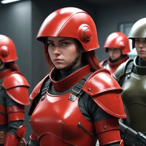 Prompt: Design a paranoia soldier in armor, no helmet, whose rank is red, female, her armor is generally red, realistic, 4k, ultra HD, faces different from the others you do