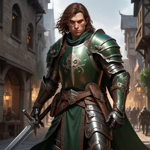 Prompt: dnd5e, Human, eldritch knight fighter, full plate armor, without helmet, dark green eyes, long brown hairs, armed with sword and shield, realistic weapons, detailed weapons, fullbody, realistic, 4k, ultra HD, detailed, DnD 5e, city setting, detailed eyes, epic fantasy, high-quality rendering, atmospheric lighting, intense gaze, professional rendering, atmospheric lighting, detailed facial features, intense expression, detailed weaponry, realistic shadows, professional, detailed textures,